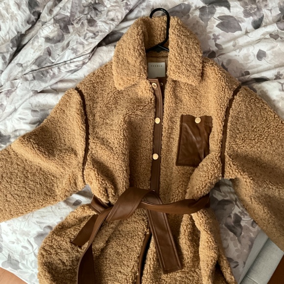 Sandro Leather-Trim Teddy Coat - Picture 2 of 5